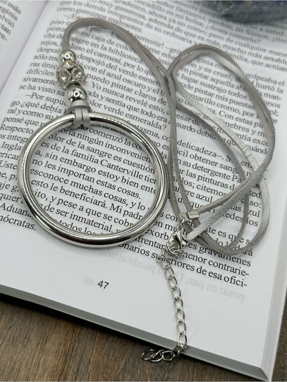 Silver Hoop Pendant Necklace with Light Gray Suede Cord
